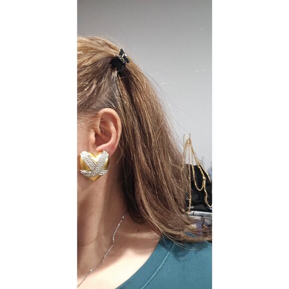 1980s Signed Givenchy Goldtone Pavé Clear Rhinestone X Heart Clip-on Earrings - Picture 7 of 8